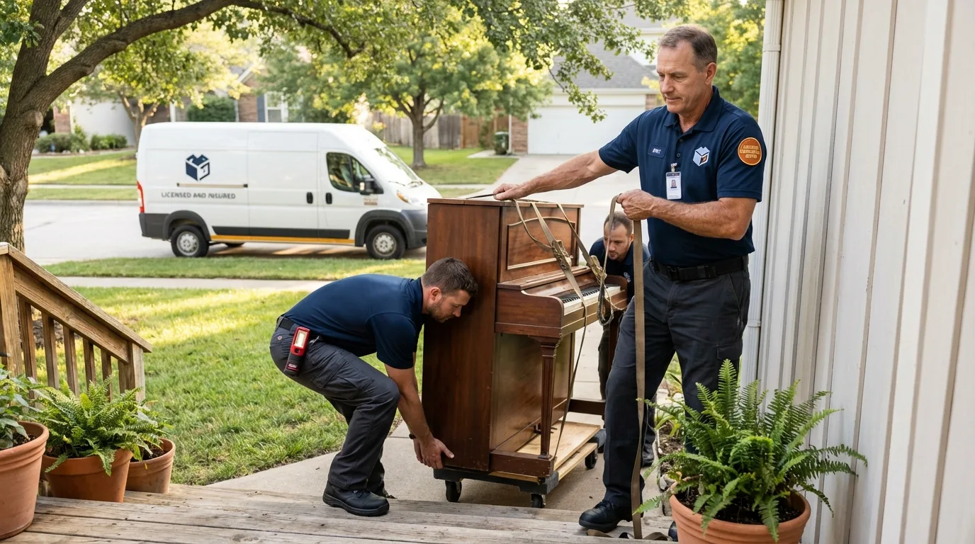 Licensed piano movers securing grand piano in Haven, KS
