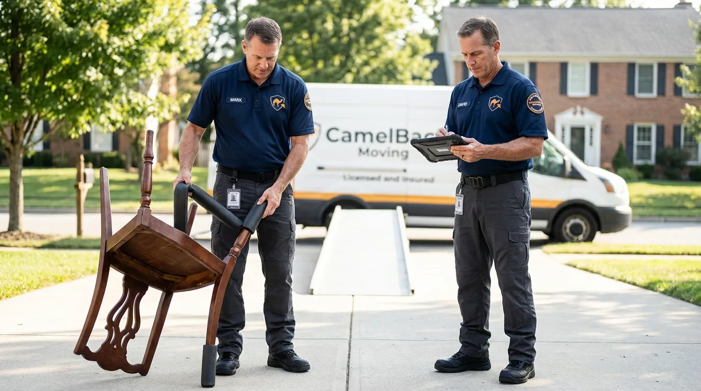 Movers inspecting furniture for damage prevention before loading in Haven, KS