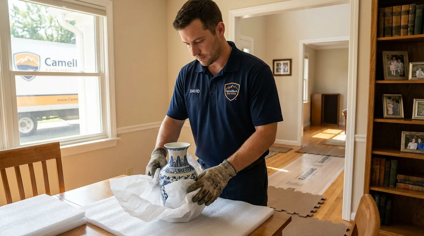 Professional crew carefully wrapping antique vase for senior downsizing move in Haven, KS